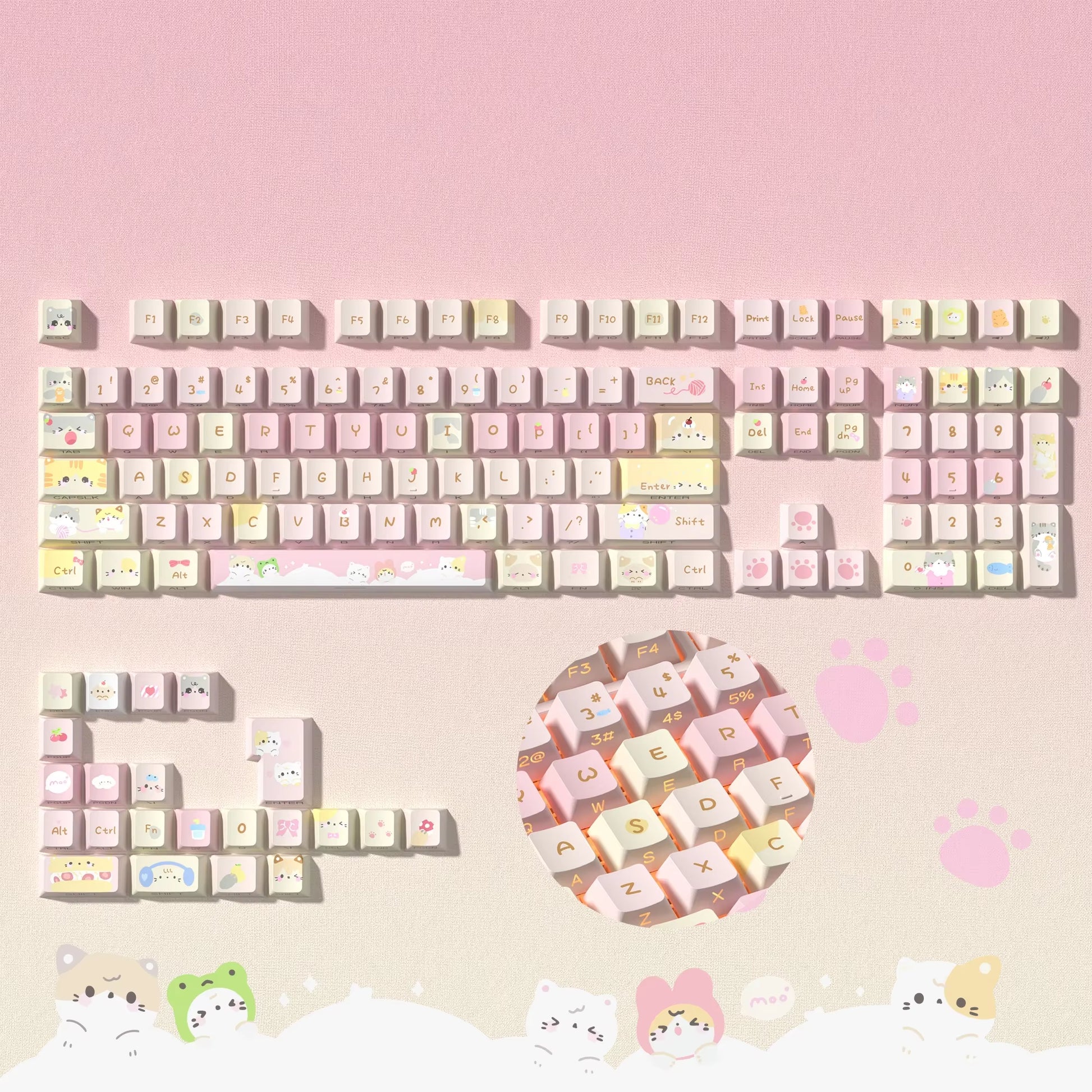 130 Keys Pink Cat Shine through Keycaps Dye Sub Side Print PBT Keycaps Cherry Profile for Cherry Gateron MX Switches Keyboard