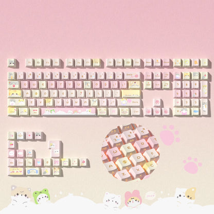 130 Keys Pink Cat Shine through Keycaps Dye Sub Side Print PBT Keycaps Cherry Profile for Cherry Gateron MX Switches Keyboard