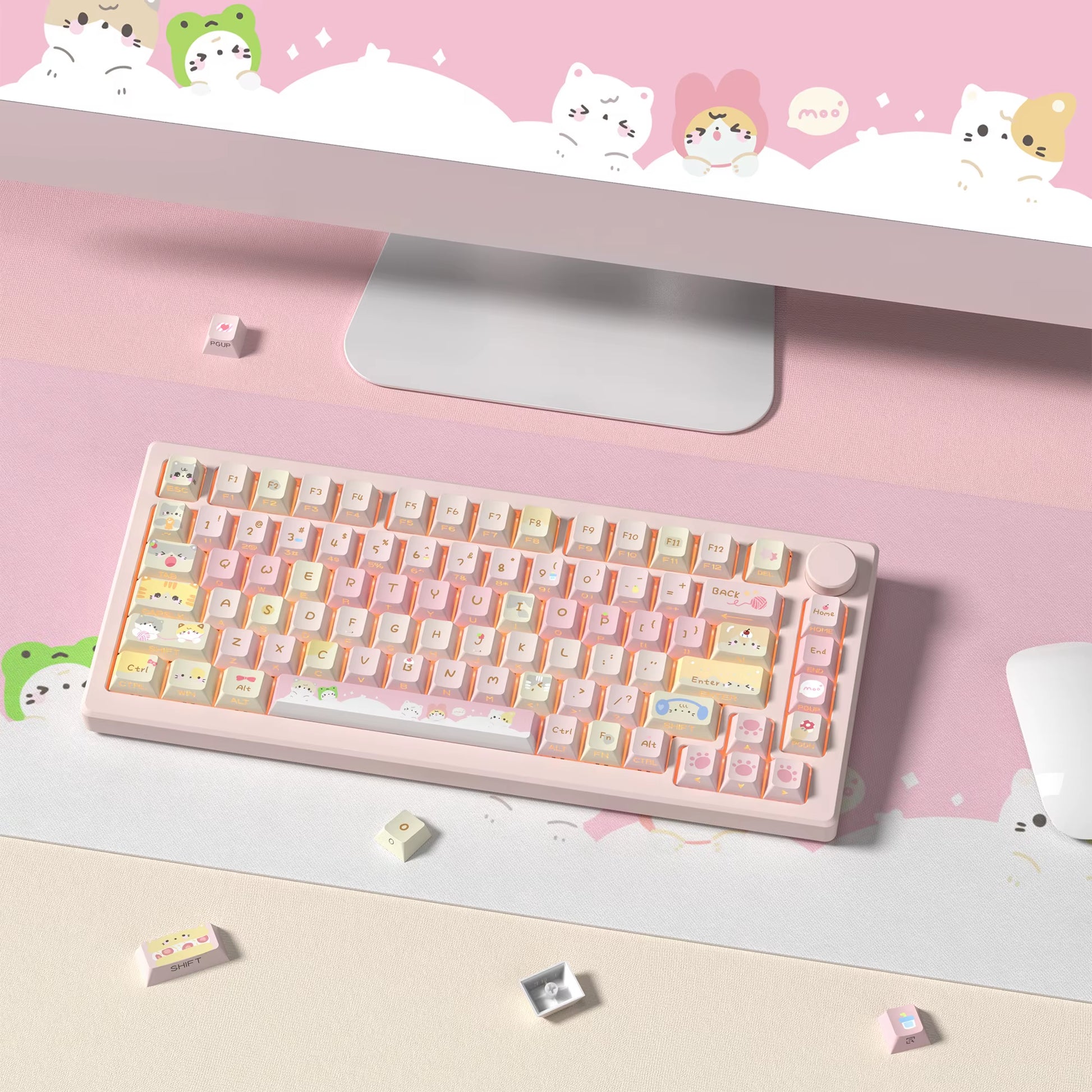 130 Keys Pink Cat Shine through Keycaps Dye Sub Side Print PBT Keycaps Cherry Profile for Cherry Gateron MX Switches Keyboard