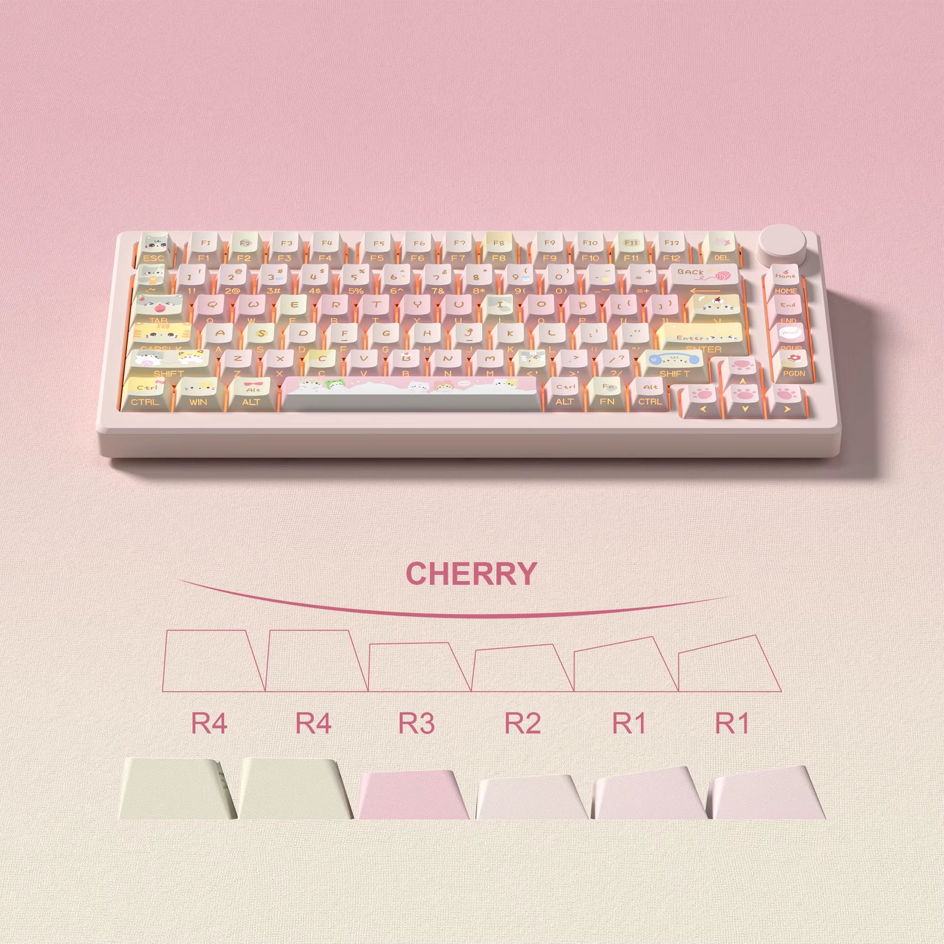 130 Keys Pink Cat Shine through Keycaps Dye Sub Side Print PBT Keycaps Cherry Profile for Cherry Gateron MX Switches Keyboard